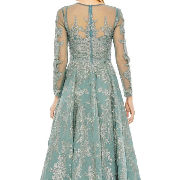 MAC DUGGAL 20337 EMBELLISHED BOW BELT LONG SLEEVE A-LINE JADE DRESS GOWN sz 8 - Picture 2 of 6